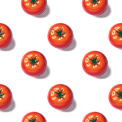 Seamless pattern of tomato shaped packaging with face cream or mask isolated on a white background. Tomato skin care series. Flat lay