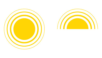 Yellow sun icon, sunshine full and sunrise or sunset. Decorative circle sun and sunlight. Hot solar energy for tan. Vector sign