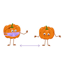 Cute pumpkin characters with face and mask keep distance, arms and legs. The funny or sad hero, orange autumn vegetable. Halloween decoration