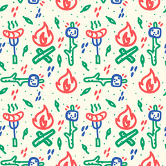 Background of a summer camp with bonfires. Camping pattern for traveler textiles. Hand-drawn illustrations of outdoor recreation in the Doodle style. Vector illustration