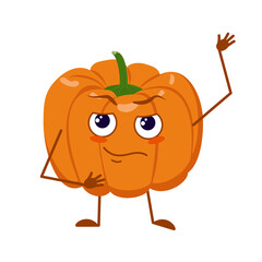 Cute pumpkin character with face and emotions, arms and legs. The funny or sad hero, orange autumn vegetable. Halloween decoration