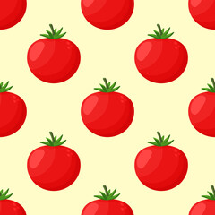 Tomatoes seamless pattern on a background. Red ripe tomatoes with green leaves. Great for menus, labels, packaging.