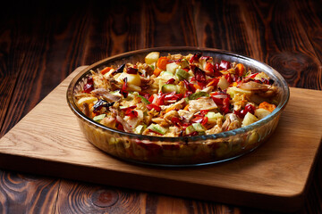 Baked potatoes with vegetables, cheese and herbs in a dish on wooden background