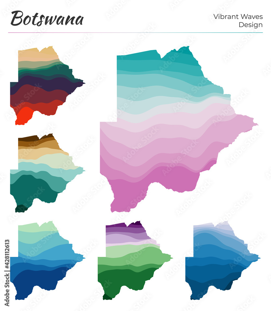 Poster Set of vector maps of Botswana. Vibrant waves design. Bright map of country in geometric smooth curves style. Multicolored Botswana map for your design. Charming vector illustration.