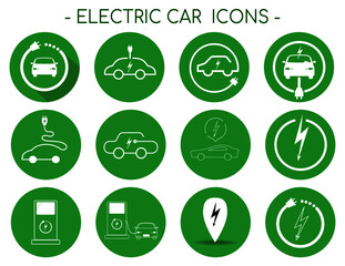 Collection Flat vector illustration of a green electric car charging at the charger station. Electromobility e-motion concept.