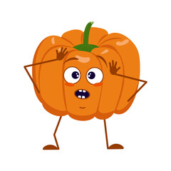 Cute pumpkin character with emotions in a panic grabs his head, face, arms and legs. The funny or sad hero, orange autumn vegetable. Halloween decorations.