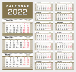 Calendar 2022. Wall quarterly calendar with week numbers. Week start from Monday. Ready for print, color - Black, Red, Gold. Vector Illustration