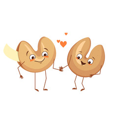 Obraz premium Cute chinese fortune cookies characters with love emotions, face, arms and legs. The funny or happy heroes, festive sweets fall in love