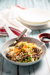 Beef noodle stir fry with empty bowls 