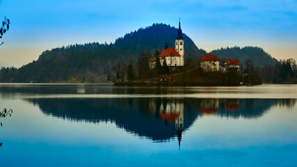 Fototapeta na wymiar Lake Bled, a marvel of Slovenia, with its Island and its Famous Church