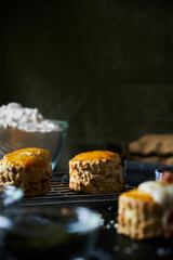 Biscuits Scones Bacon Cheese set on cafe table.