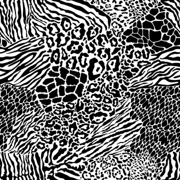 Wild animal skins patchwork wallpaper black and white fur abstract vector seamless pattern