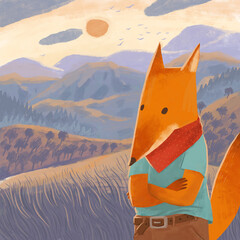 Digital illustration about the fox in clothes standing on the mountains.