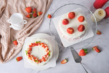 Strawberry chiffon cake with fresh cream. Cake for celebration.