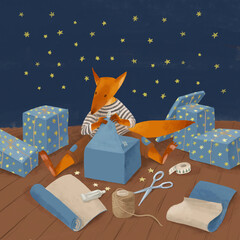 Digital illustration about the fox sitting on the floor and wrapping gifts.