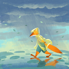 Digital illustration about the fox in raincoat walking under the rain