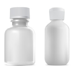 Screw cap bottle, medical vial. Apothecary syrup, clear medicine bottle template. Serum dose jar. Medicament drug, realistic vitamin container blank mockup. White glass bottle design