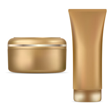 Cosmetic jar cream tube gold package mockup design. Luxury plastic container blank, flaxible squeeze tube, realistic packaging set. Gold metal cream jar