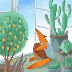 Digital illustration about the fox in clothes sitting on the greenhouse with plants and looking at the sky