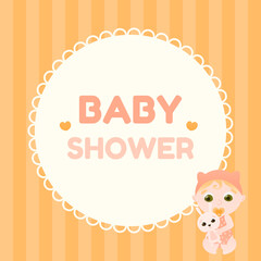 Greeting baby shower card with cute toddler playing with bunny, striped yellow background with circle vintage frame