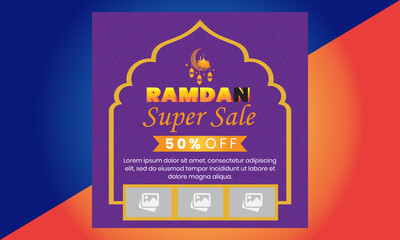 Ramadan sale social media post template banners ad, Eid Mubarak Sale with Flat 50% Off, Suitable for Greeting Card, Banner, Event Backdrop, Social Media, And Other Muslim Related Occasion.