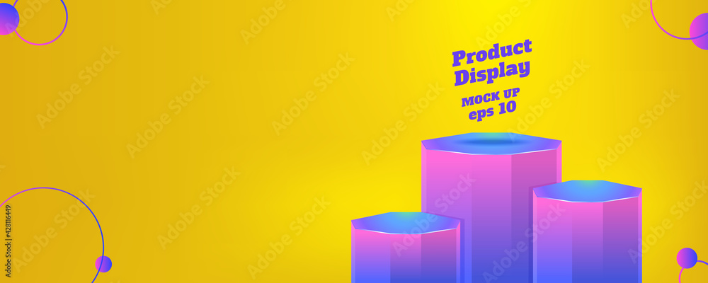 Poster Vector flat geometric product display summer background, purple glow yelow color block studio kiosk.banner with copy space for display of product for advertise online