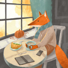 Digital illustration about the fox in clothes with scarf sitting in the cafe and looking out the window