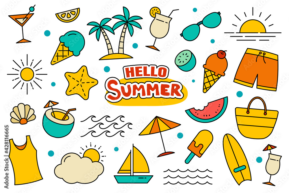 Poster hello summer collection set design on white background. summer symbols and objects colorful.