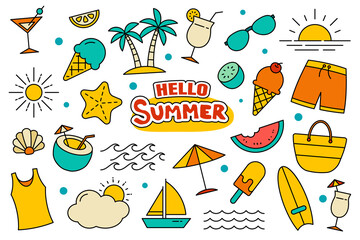 Hello summer collection set design on white background. Summer  symbols and objects colorful. © kaisorn