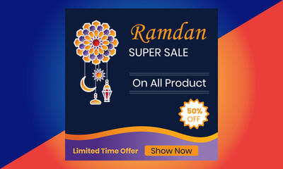 Ramadan sale social media post template banners ad, Eid Mubarak Sale with Flat 50% Off, Suitable for Greeting Card, Banner, Event Backdrop, Social Media, And Other Muslim Related Occasion.