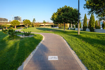 Road sign on the cycleway, bikeway for cyclists, bike lane