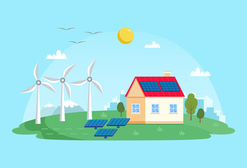 Green energy - landscape with wind power station, solar panels, small house. Concept illustration for ecology, green power, wind energy. Ecology illustration in flat style - 428117060