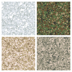 Set of spotted camouflages: forest, winter, urban and desert. Seamless vector patterns for obscuring and disguising object outlines and forms. Uniform camouflage spotes of random color and size.