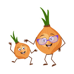 Cute onion characters funny grandmother and grandson, arms and legs. The funny or happy hero, vegetable