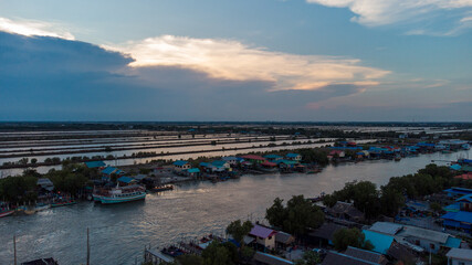 Photo of saline from drone bird eye view. Salt field at Samut sakhon , Thailand