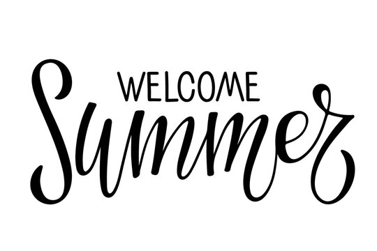 Welcome Summer lettering on white background. Hand drawn Brush Pen design for banner, brochure, card, poster. For greeting card, invitation of seasonal summer holiday decor. Modern summer calligraphy