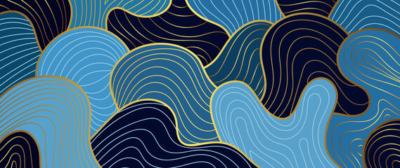 Fototapeta na wymiar Navy blue Gold abstract wave line arts background vector. Luxury wall paper design for prints, wall arts and home decoration, cover and packaging design.