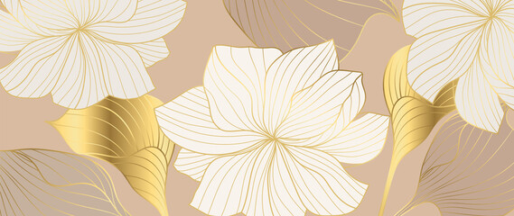 Gold abstract flower line arts background vector. Luxury pink watercolor wallpaper design for prints, wall arts and home decoration, cover and packaging design.