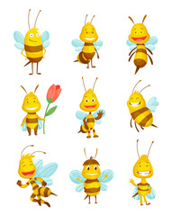 Various vartoon bees insects. Character of happy fly illustration. Cute honey harvester characters for kids. Smiley animals
