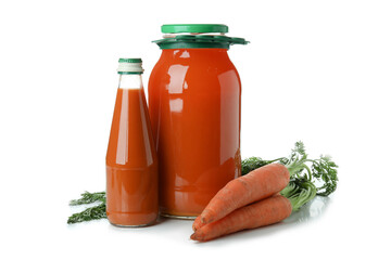 Jar and bottle of juice and carrot isolated on white background