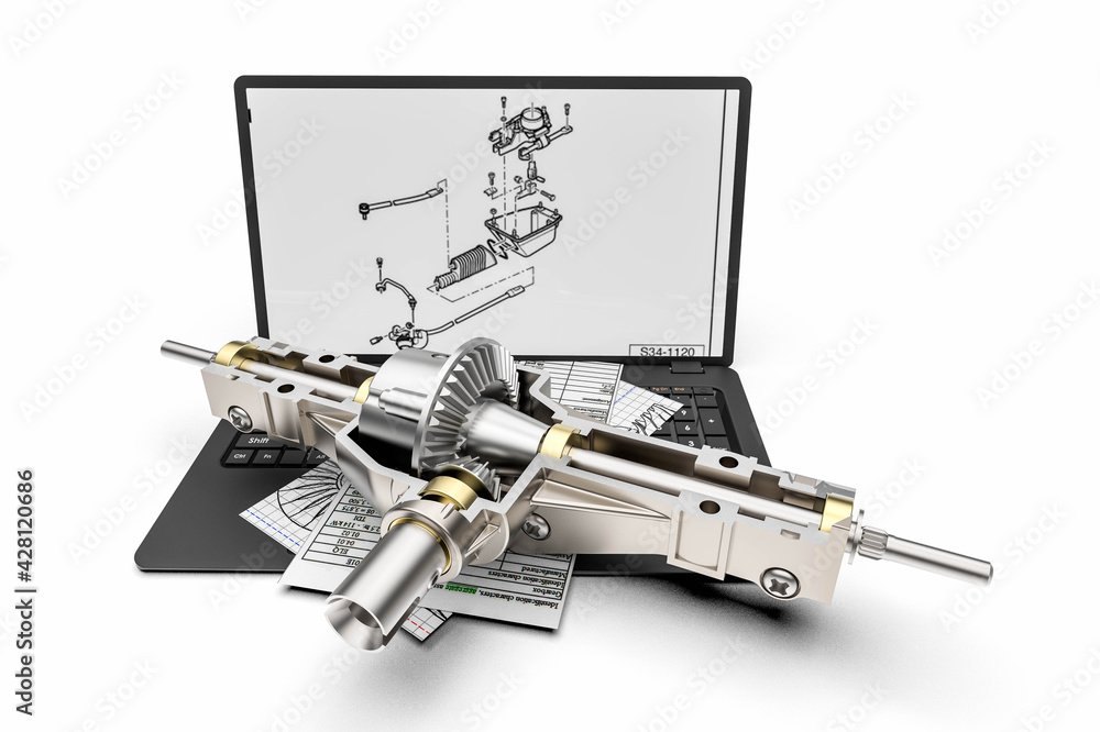 Poster 3d render image of a computer and automotive parts representing auto repair or car service