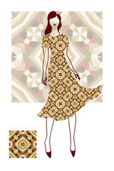 Beautiful woman, fashion model, fashionable dress, geometric seamless pattern, modern style, vector illustration.