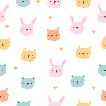vector seamless pattern of cute muzzles of forest animals. children's doodles. bunny, bear and fox face