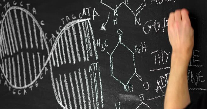 Dark black chalk board with man drawing dna molecule - Powered by Adobe