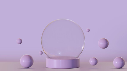 Empty snow globe isolated on soft-colored trendy background. Translucent glass sphere. Empty stand for product display show cosmetic product, podium, stage pedestal or platform. 3d render.