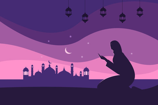 Silhouette of a Muslim religious woman do praying. Concept for Ramadan greetings
