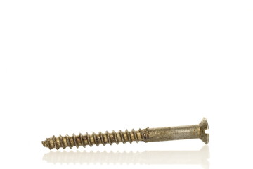 One metal screw, close-up, isolated on white.