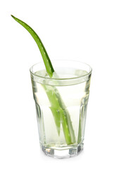 Fresh aloe drink with leaf in glass isolated on white