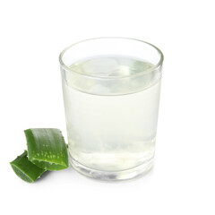 Fresh aloe drink in glass and leaf slices on white background