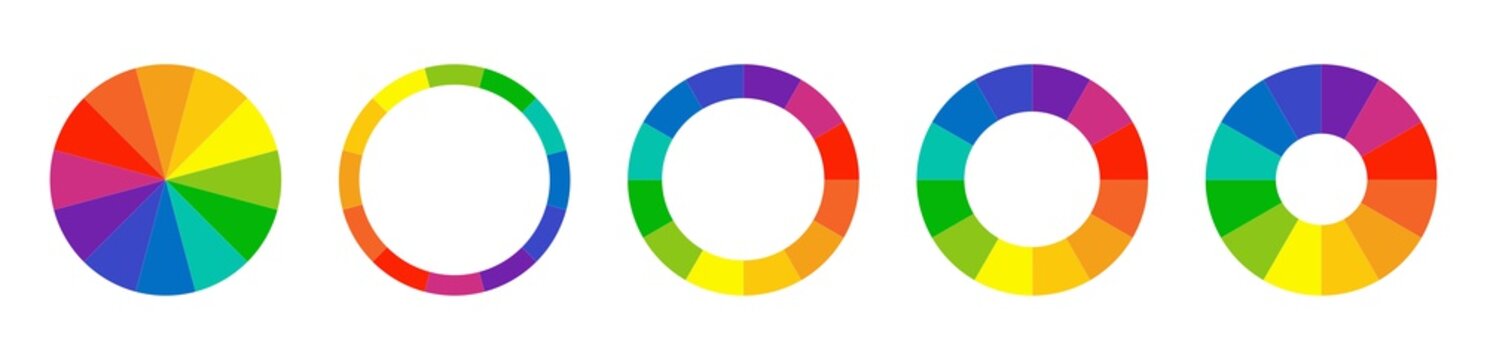 Color wheel guide. Floral patterns and palette isolated. RGB and CMYK colors. Pie charts diagrams. Set of different color circles. Infographic element round shape. Vector illustration.